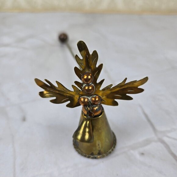 Vintage Brass & Copper Candle Snuffer Holly Leaves & Berries with Bell Christmas - Picture 2 of 11